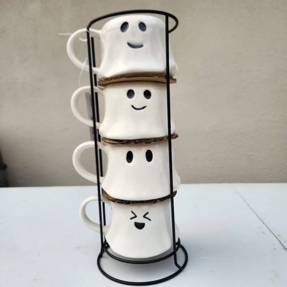NEW Ceramic Ghost Mugs Mug Set of 4 Stacking Stackable White Stoneware Can hold